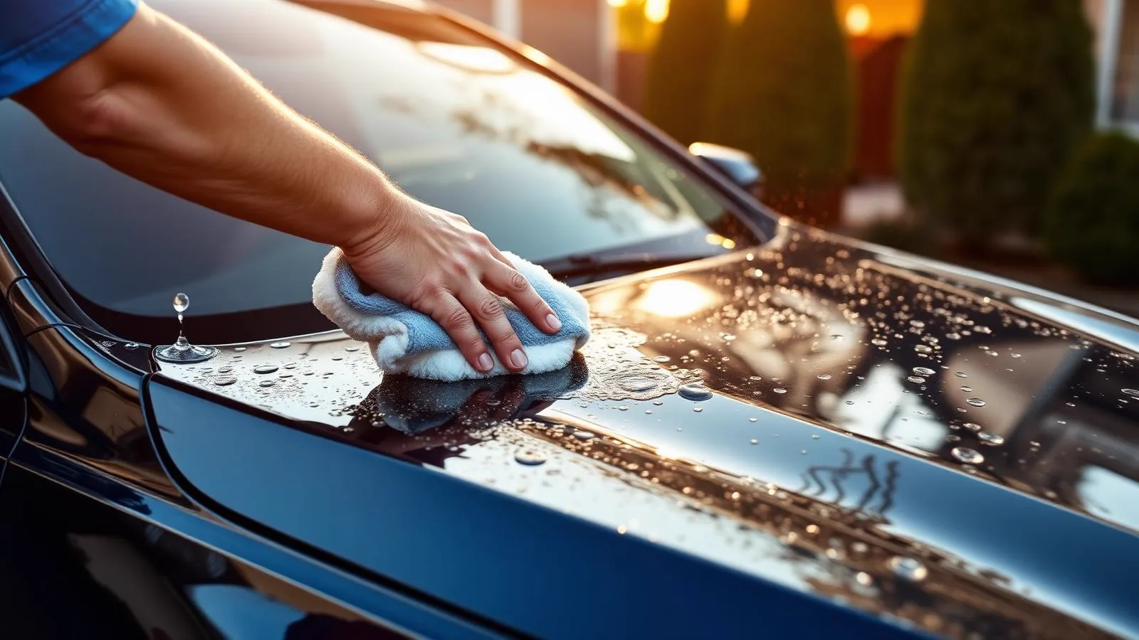 Detailer hand washing a glossy dark blue car in a driveway